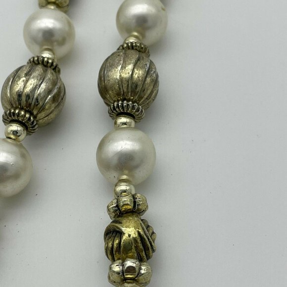 Faux Pearl Necklace Gold Tone Knots & Spacers 26" - Picture 2 of 6